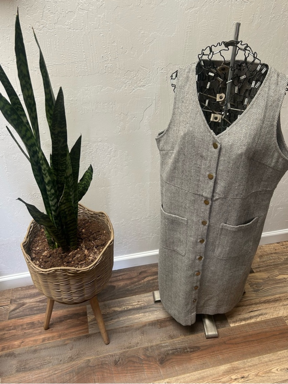 Button-Front Herringbone Wool Blend Vest Dress in Gray Love Olive Co